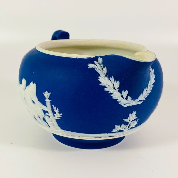 RARE !! Vintage Wedgwood Cobalt Blue Jasperware Creamer and Sugar Bowl - Picture 5 of 12
